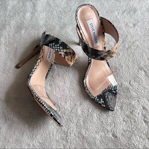 Steve Madden Amaya Clear Slide Sandal Blue Snake Reptile Print Leather Y2K Sz 7